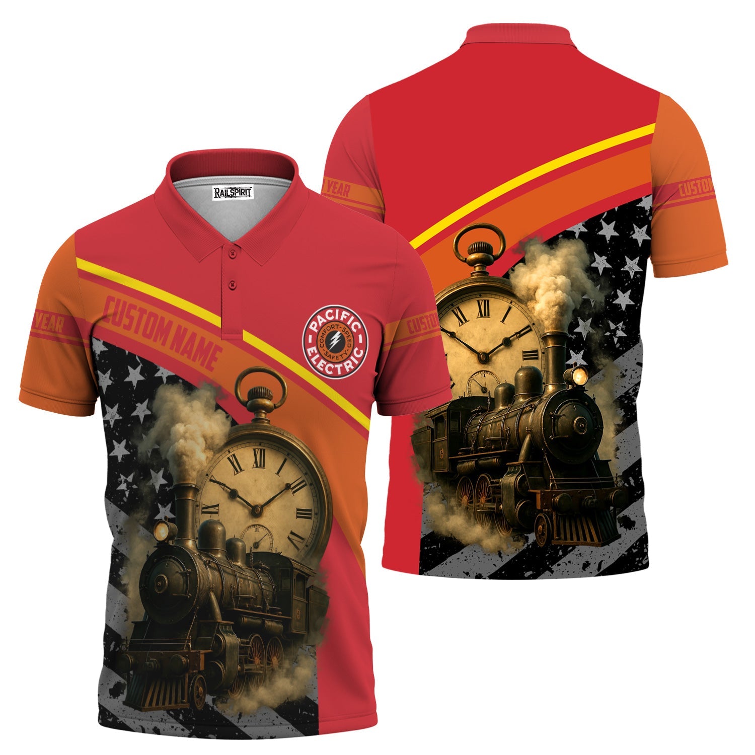 Railspirit Personalized Pacific Electric Railroad Polo Shirt Classic Steam Engine With Retro Pocket Watch Shirt All Over Print