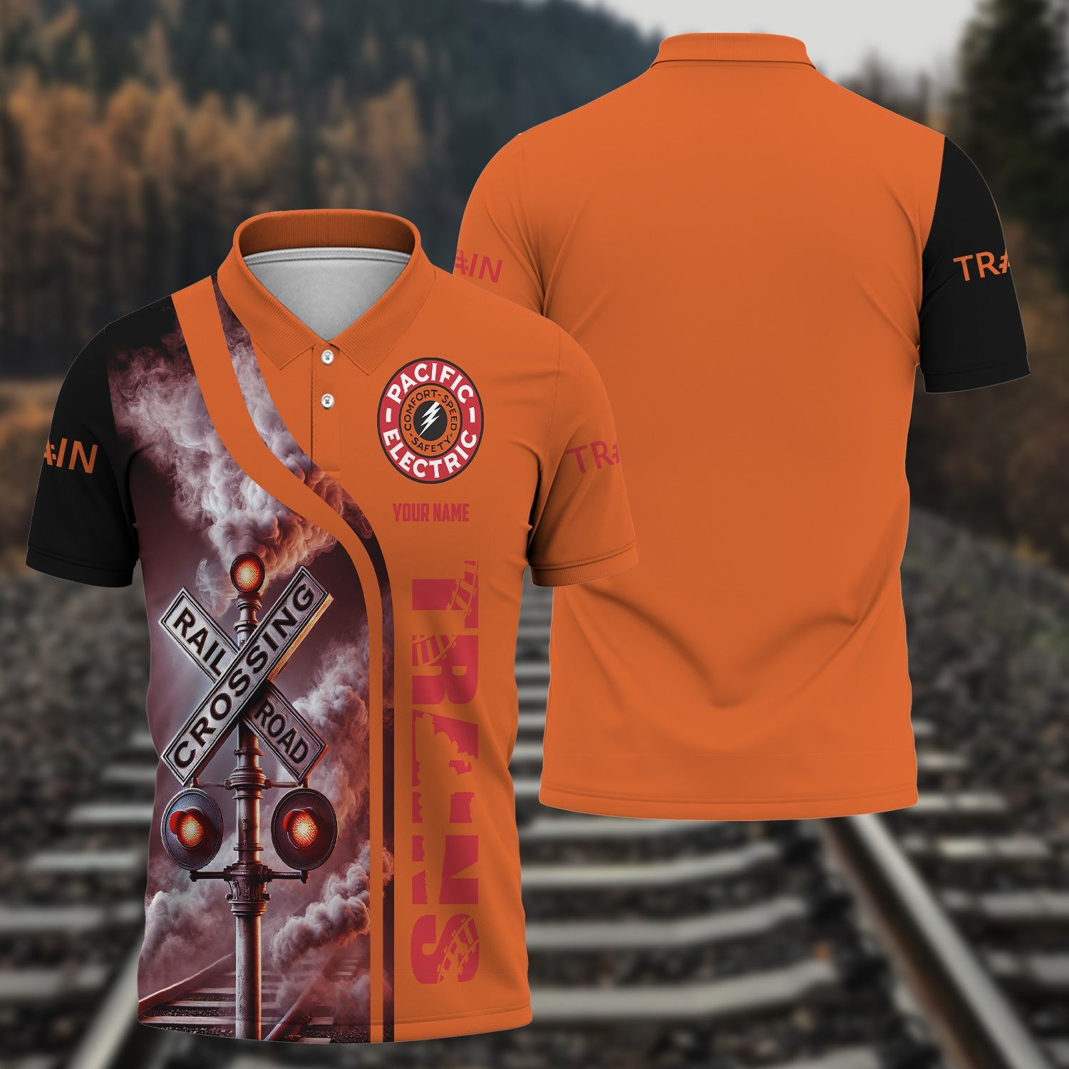 Railspirit Personalized Pacific Electric Railroad Polo Shirt Crossing Railroad Sign American Locomotive Train Shirt All Over Print