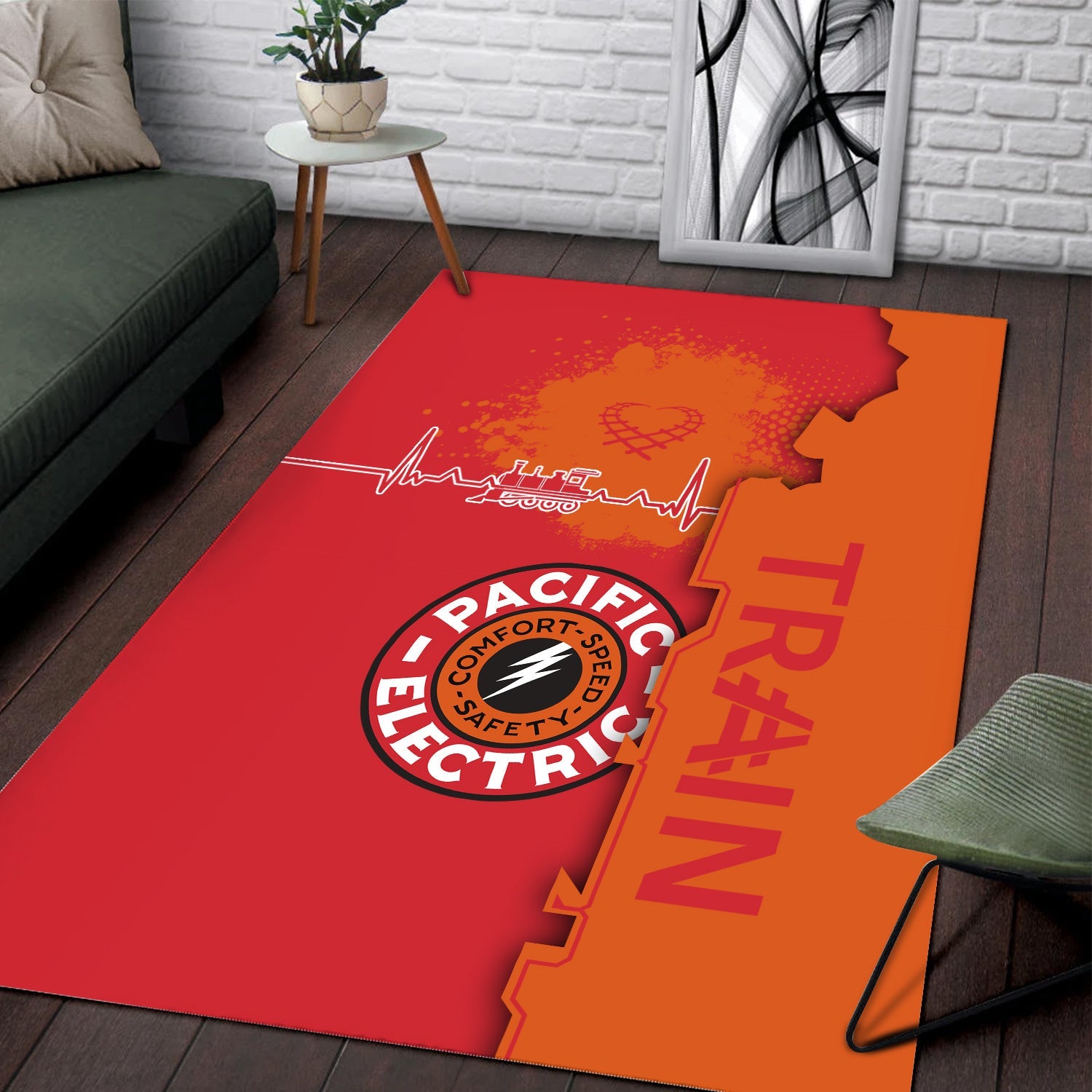 Railspirit Pacific Electric Railroad Area Rug Engine Heartbeat and Track Love Style Rug Gift Idea For Train Lovers