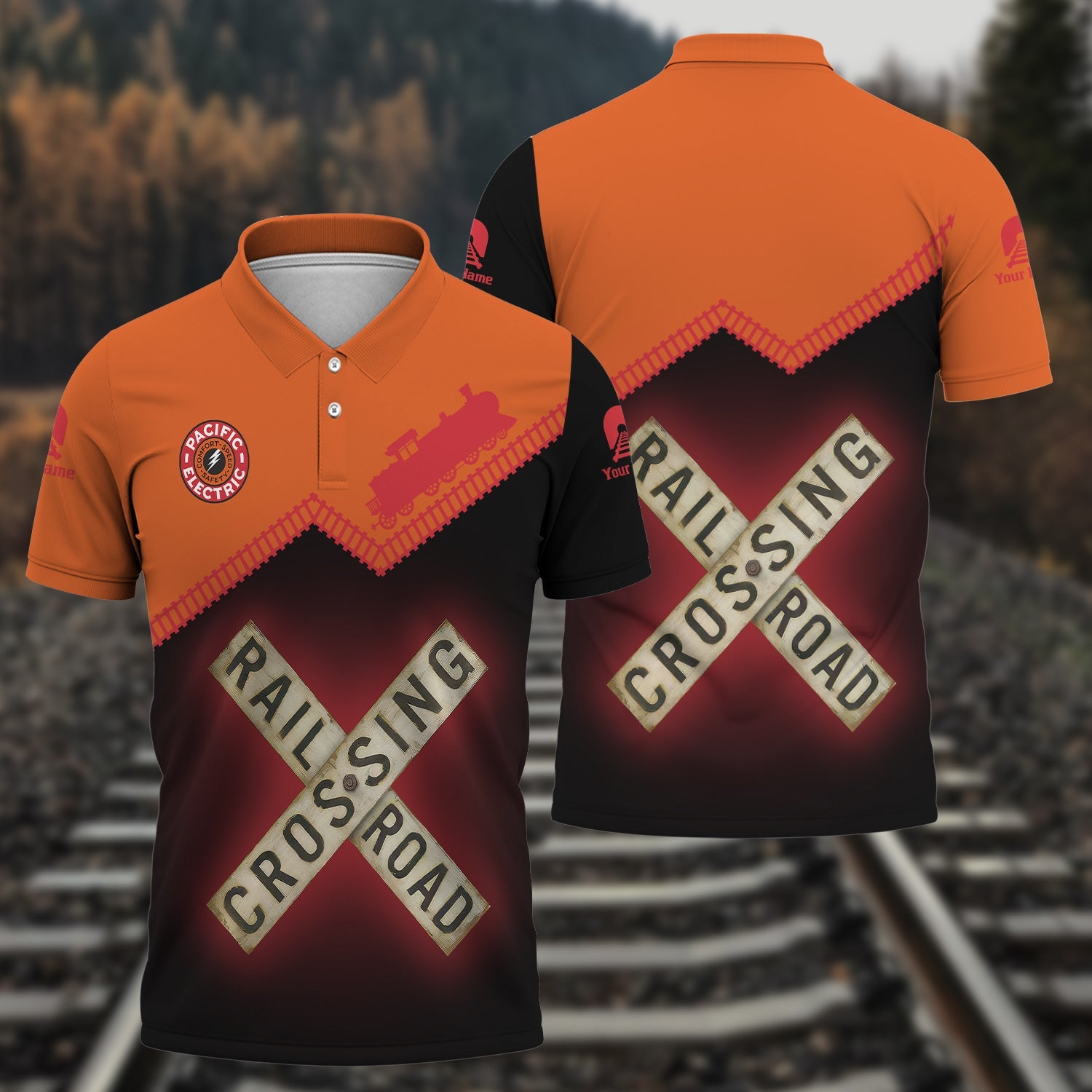 Railspirit Personalized Pacific Electric Railroad Polo Shirt Railroad Crossing Printed Train Track Shirt