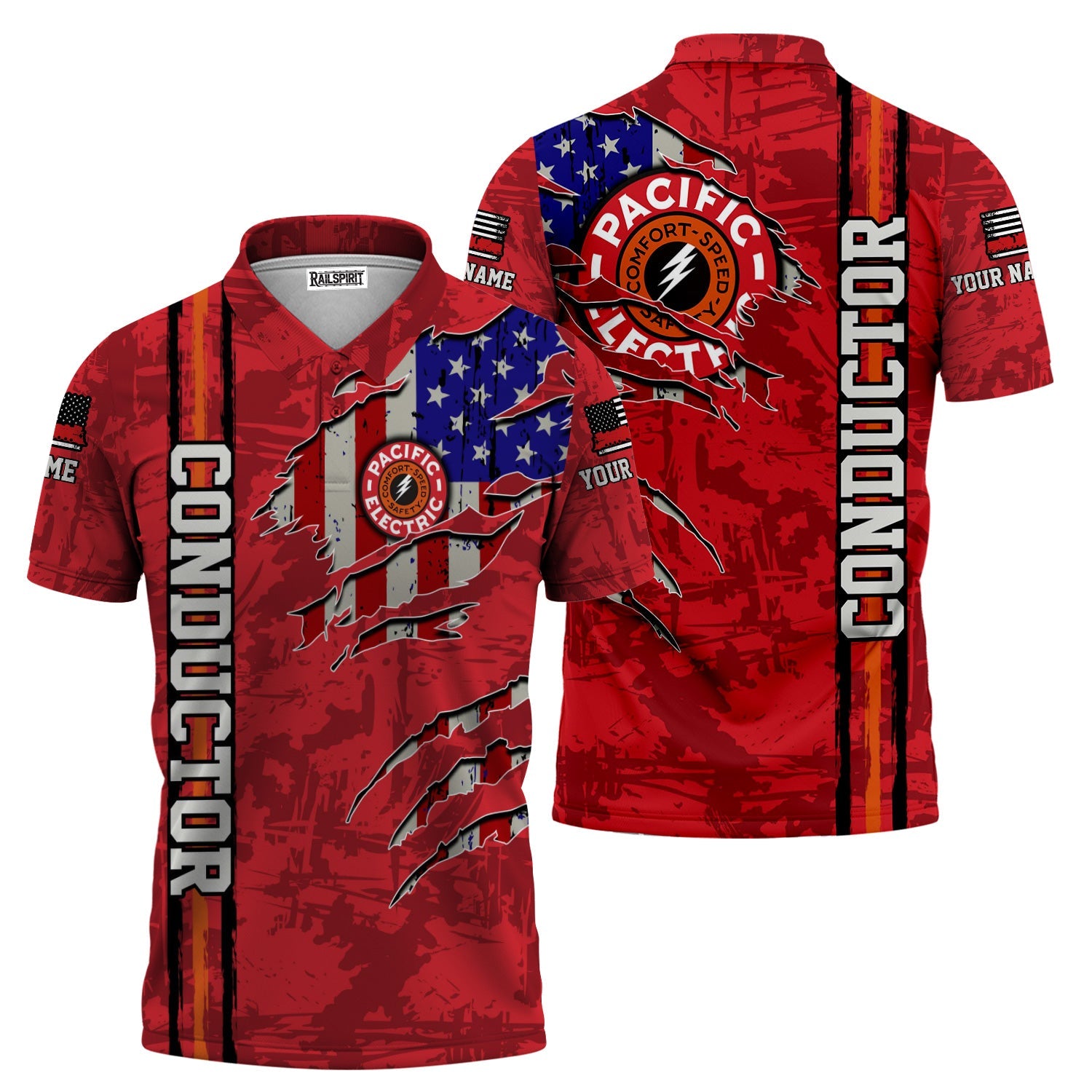 Railspirit Personalized Pacific Electric Railroad Polo Shirt USA Flag Claw Art with Custom Job Train Shirt