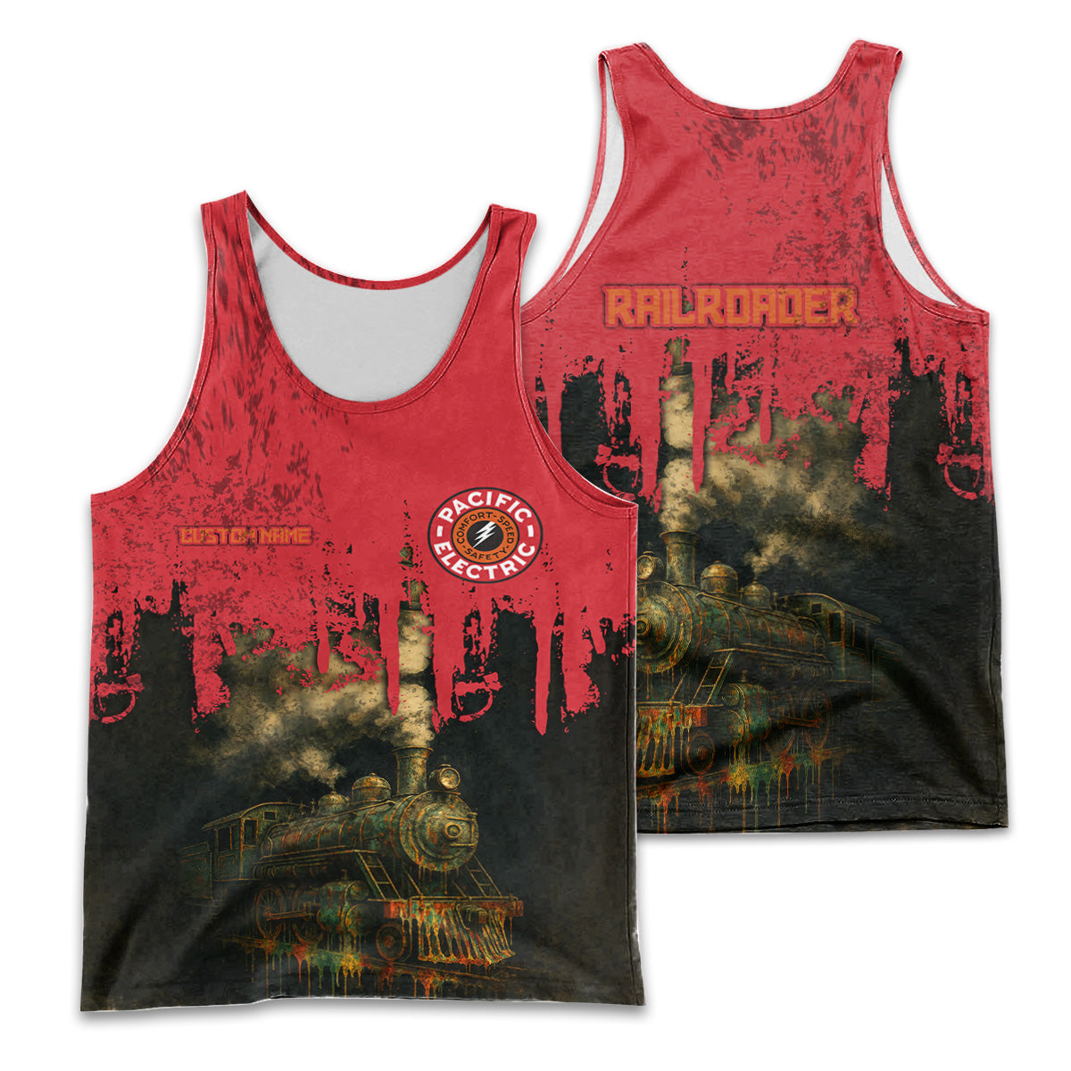 Railspirit Personalized Pacific Electric Railroad Men Tank Top Vintage Train Art Style Shirt For Locomotive Fans