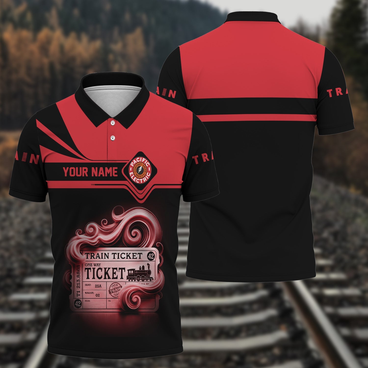 Railspirit Custom Name Pacific Electric Railroad Polo Shirt American Train Ticket Printed Shirt