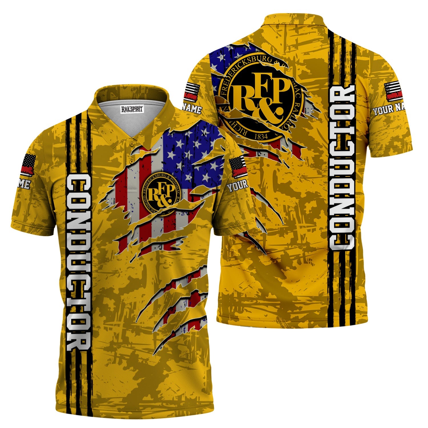 Railspirit Personalized Richmond, Fredericksburg And Potomac Railroad Polo Shirt USA Flag Claw Art with Custom Job Train Shirt