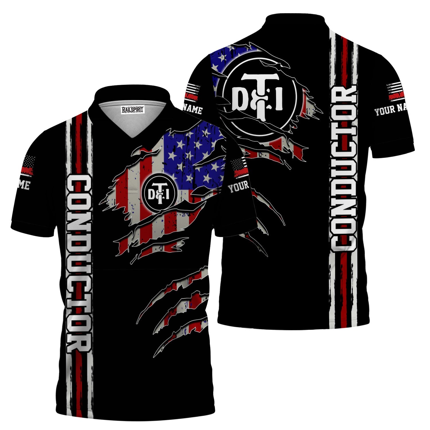 Railspirit Personalized Detroit Toledo And Ironton Railroad Polo Shirt USA Flag Claw Art with Custom Job Train Shirt