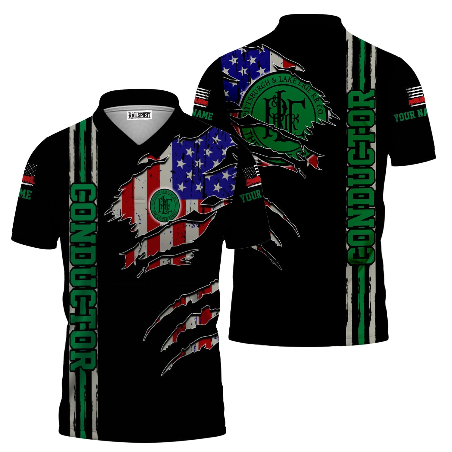 Railspirit Personalized Pittsburgh And Lake Erie Railroad Polo Shirt USA Flag Claw Art with Custom Job Train Shirt