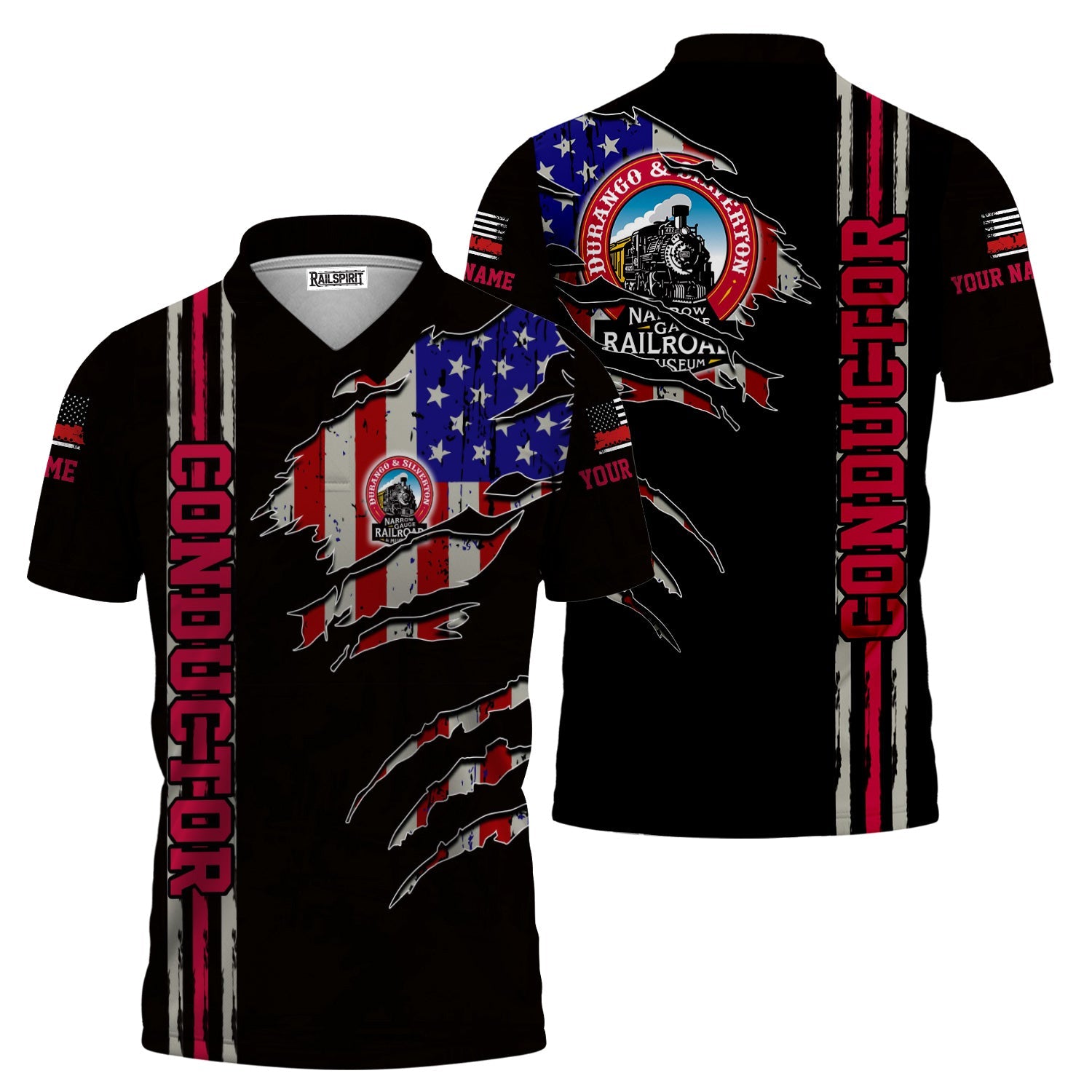 Railspirit Personalized Durango And Silverton Narrow Gauge Railroad Polo Shirt USA Flag Claw Art with Custom Job Train Shirt