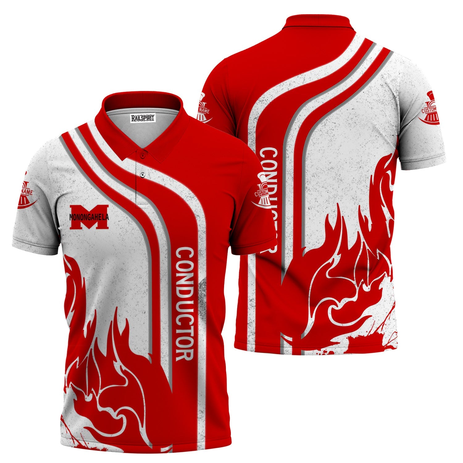 Railspirit Personalized Monongahela Railroad Polo Shirt Flame Design with Custom Job Position Train Shirt
