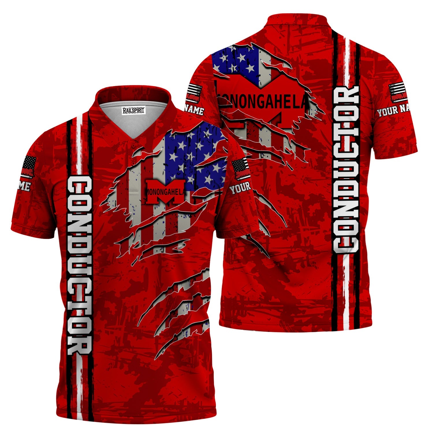 Railspirit Personalized Monongahela Railroad Polo Shirt USA Flag Claw Art with Custom Job Train Shirt