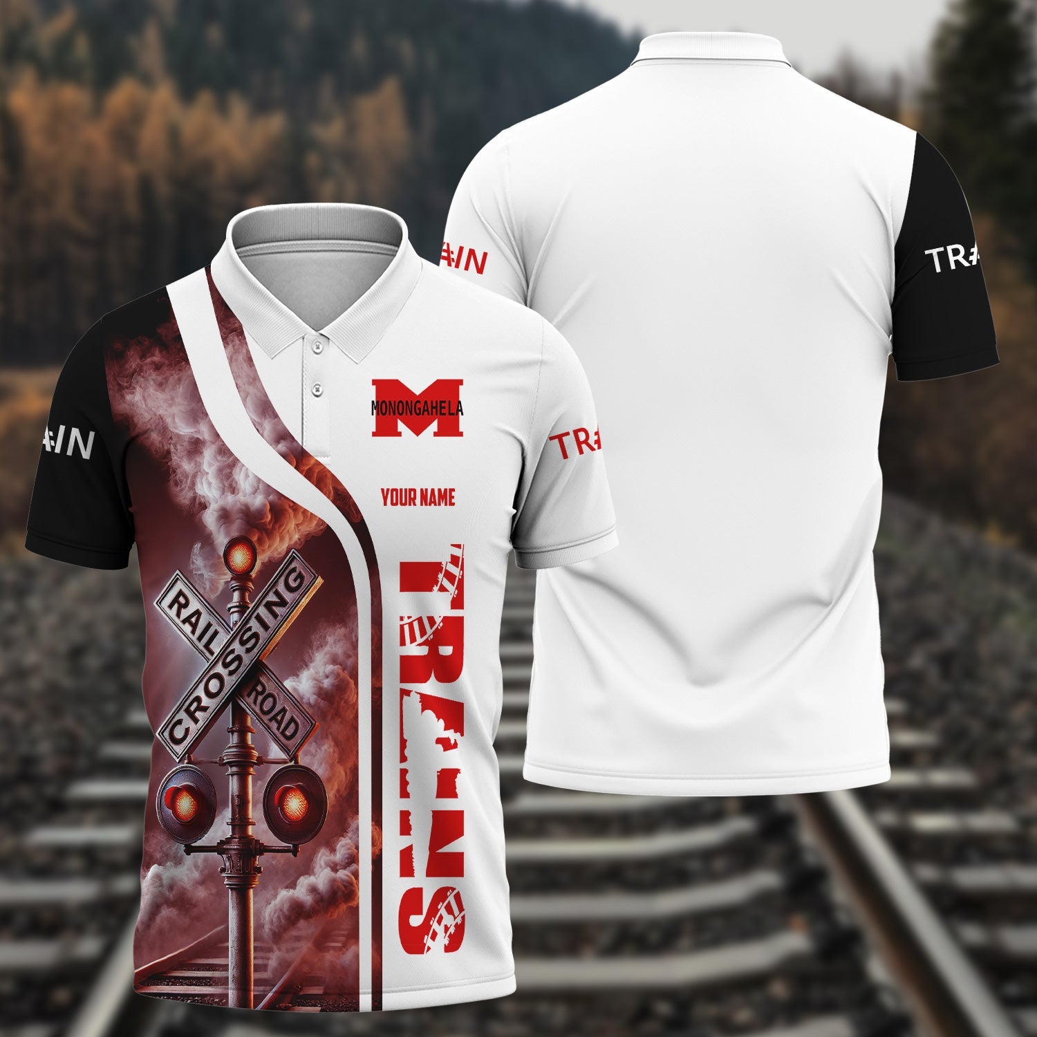 Railspirit Personalized Monongahela Railroad Polo Shirt Crossing Railroad Sign American Locomotive Train Shirt All Over Print