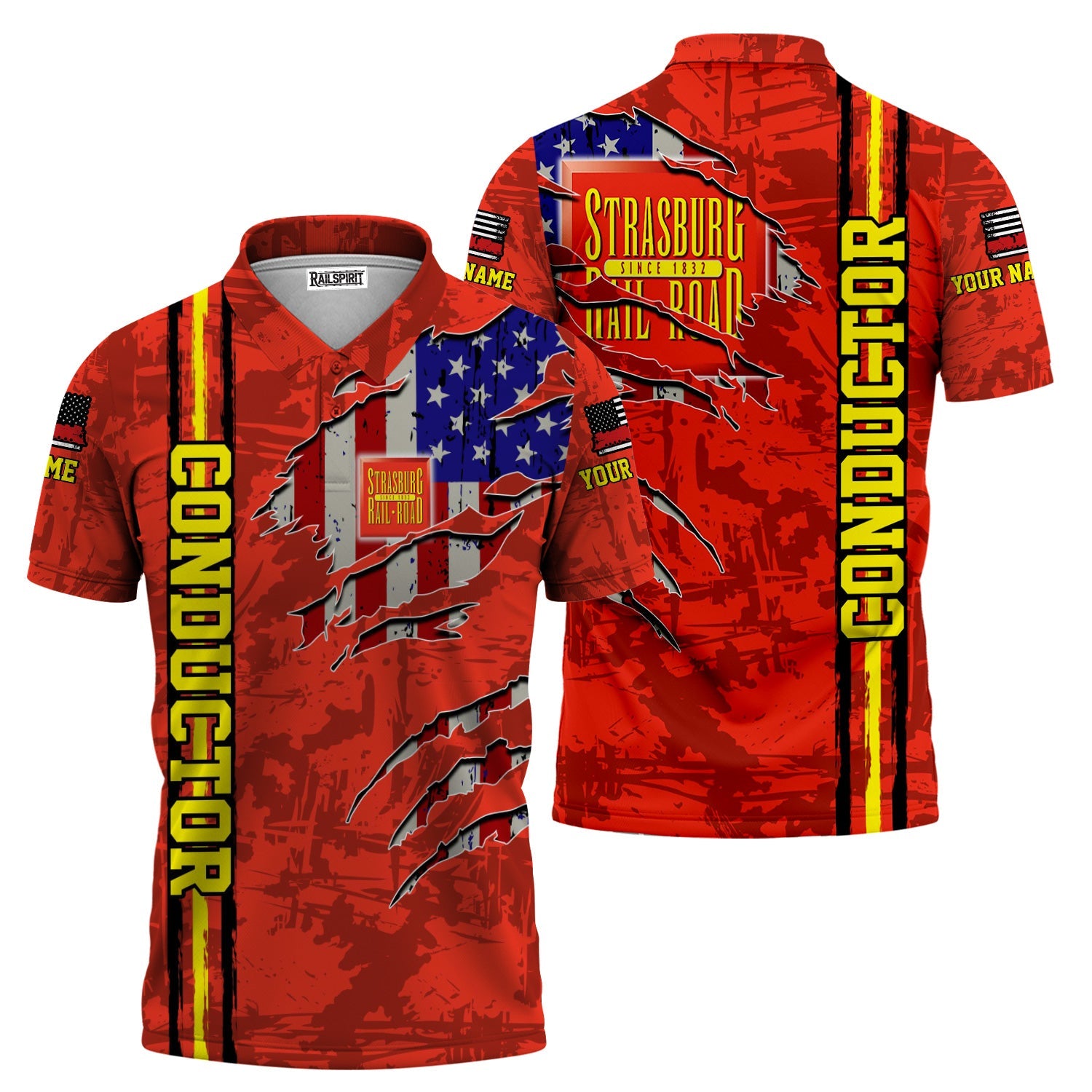 Railspirit Personalized Strasburg Railroad Polo Shirt USA Flag Claw Art with Custom Job Train Shirt