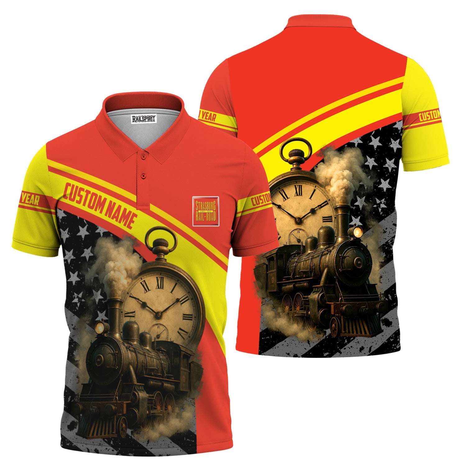 Railspirit Personalized Strasburg Railroad Polo Shirt Classic Steam Engine With Retro Pocket Watch Shirt All Over Print