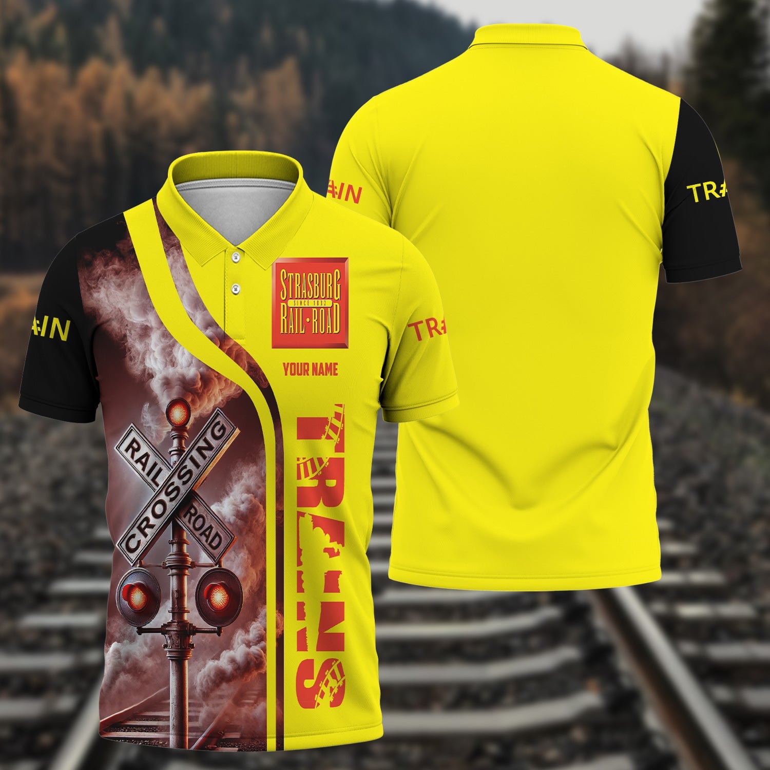 Railspirit Personalized Strasburg Railroad Polo Shirt Crossing Railroad Sign American Locomotive Train Shirt All Over Print