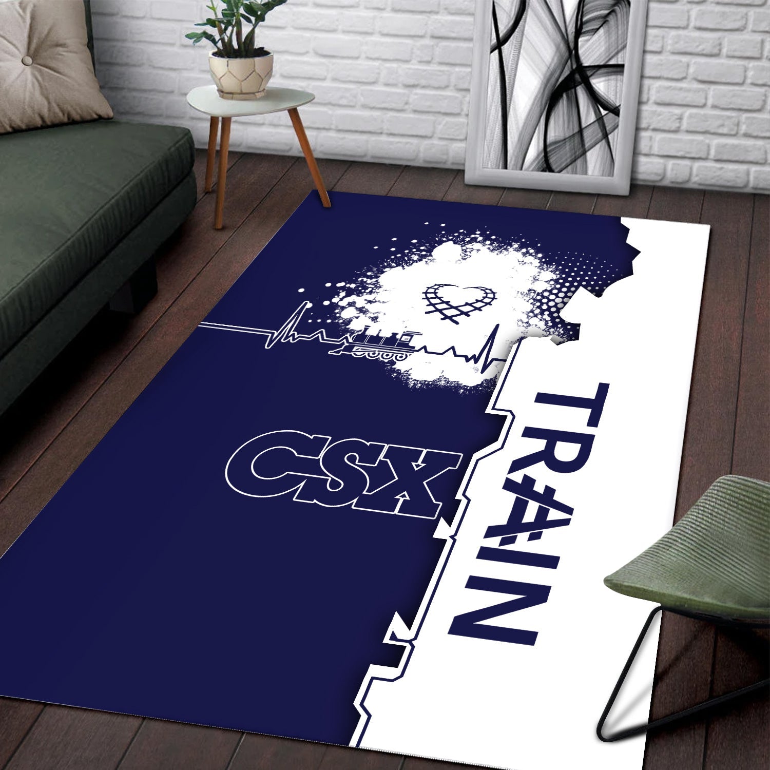 Railspirit CSX Transportation Railroad Area Rug Engine Heartbeat and Track Love Style Rug Gift Idea For Train Lovers