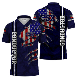 Railspirit Personalized CSX Transportation Railroad Polo Shirt USA Flag Claw Art with Custom Job Train Shirt