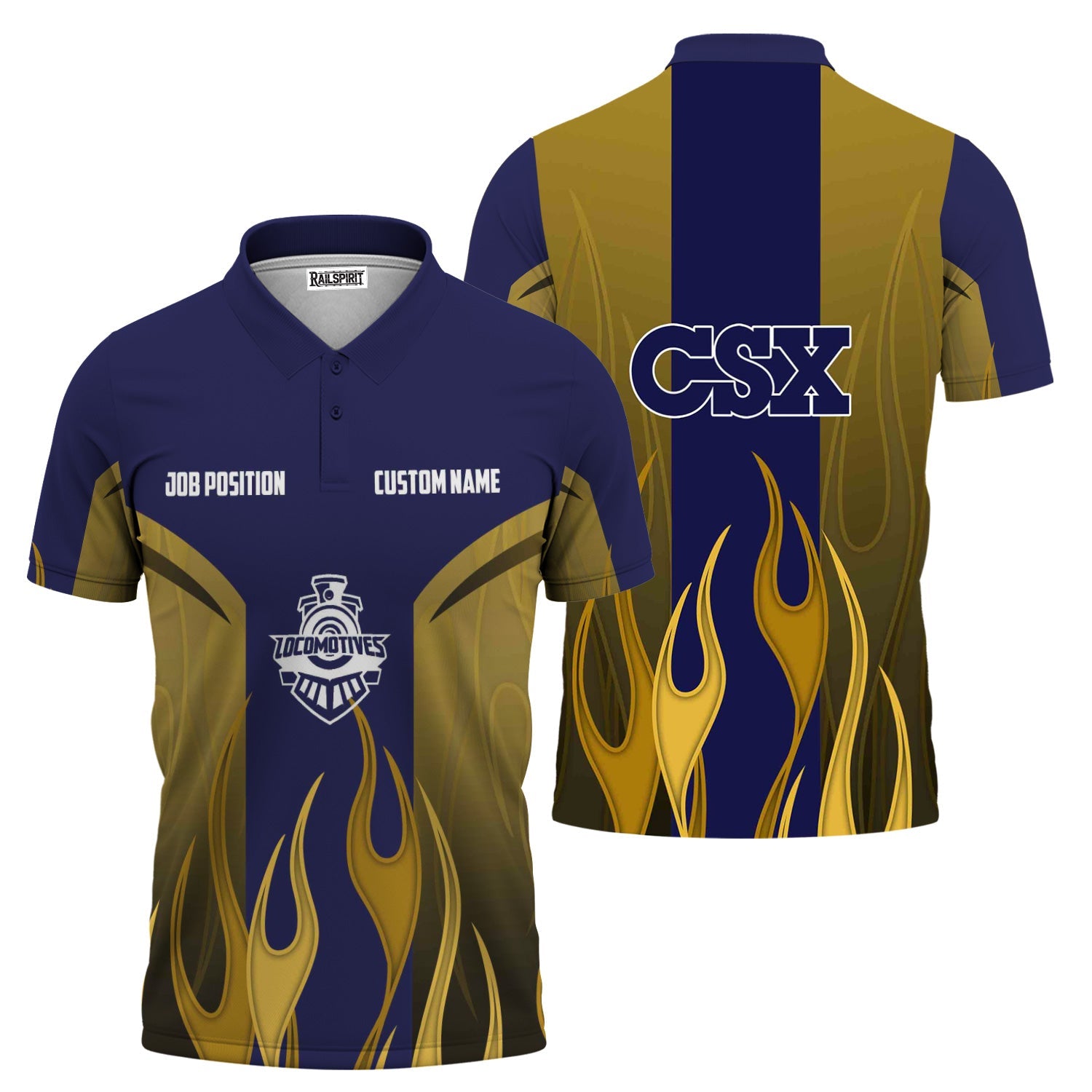 Railspirit Custom Name and Job Title CSX Transportation Railroad Polo Shirt Flame Graphic Train Shirt