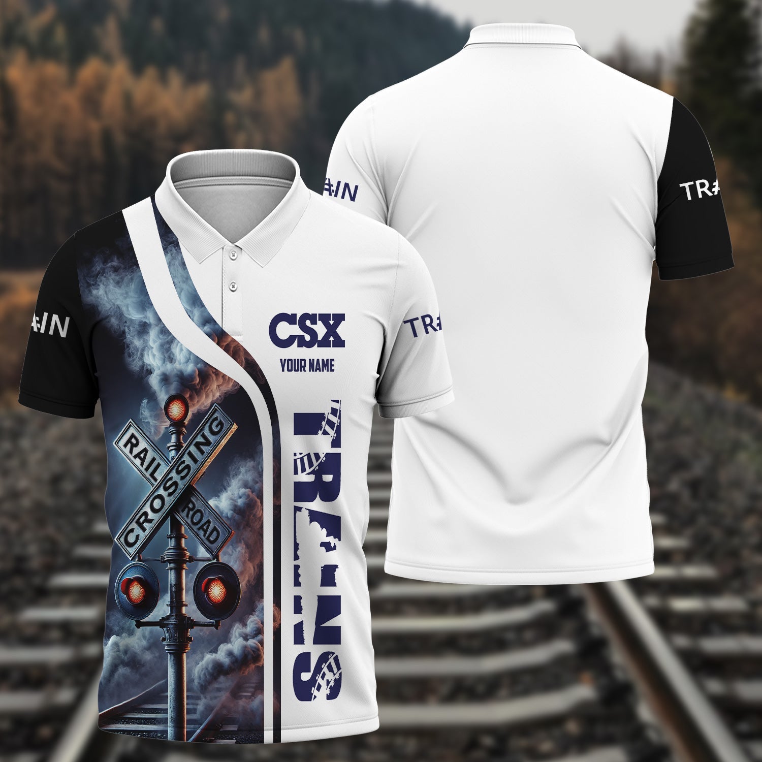 Railspirit Personalized CSX Transportation Railroad Polo Shirt Crossing Railroad Sign American Locomotive Train Shirt All Over Print