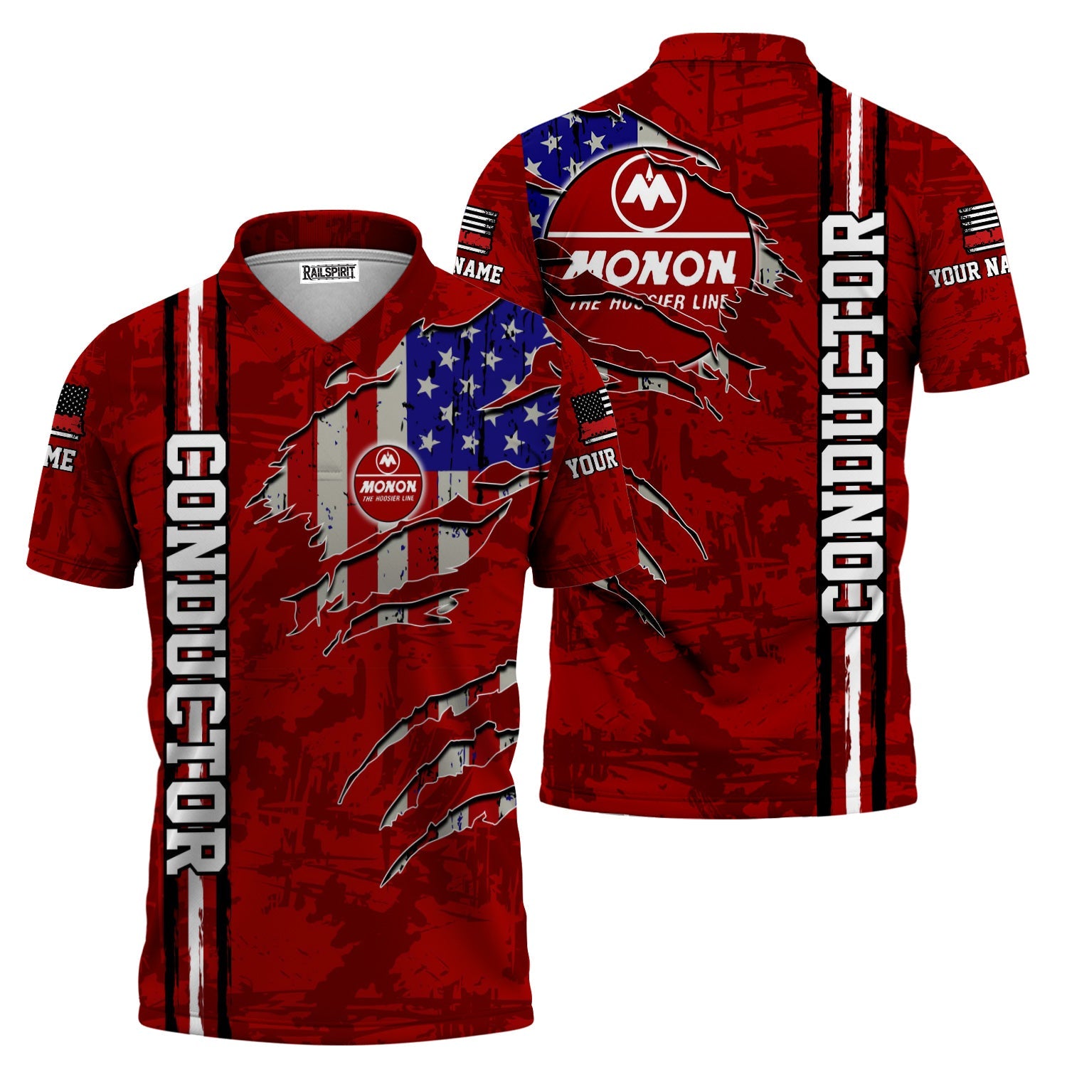 Railspirit Personalized Monon Railroad Polo Shirt USA Flag Claw Art with Custom Job Train Shirt