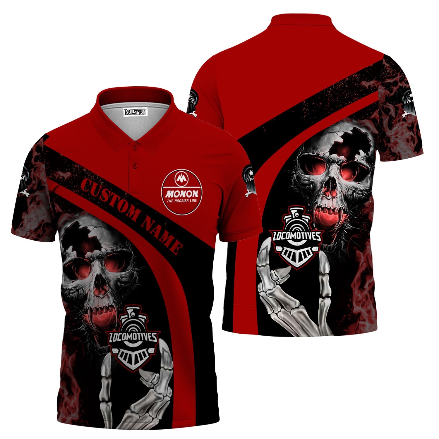 Railspirit Personalized Monon Railroad Polo Shirt Flame Skull Design Train Shirt for Locomotive Fans