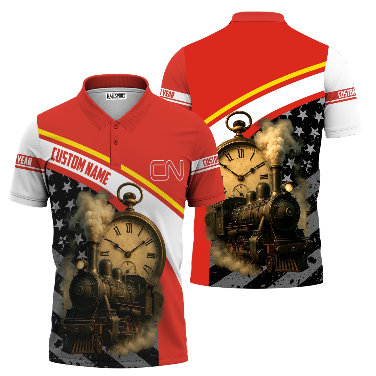 Railspirit Personalized Canadian National Railroad Polo Shirt Classic Steam Engine With Retro Pocket Watch Shirt All Over Print