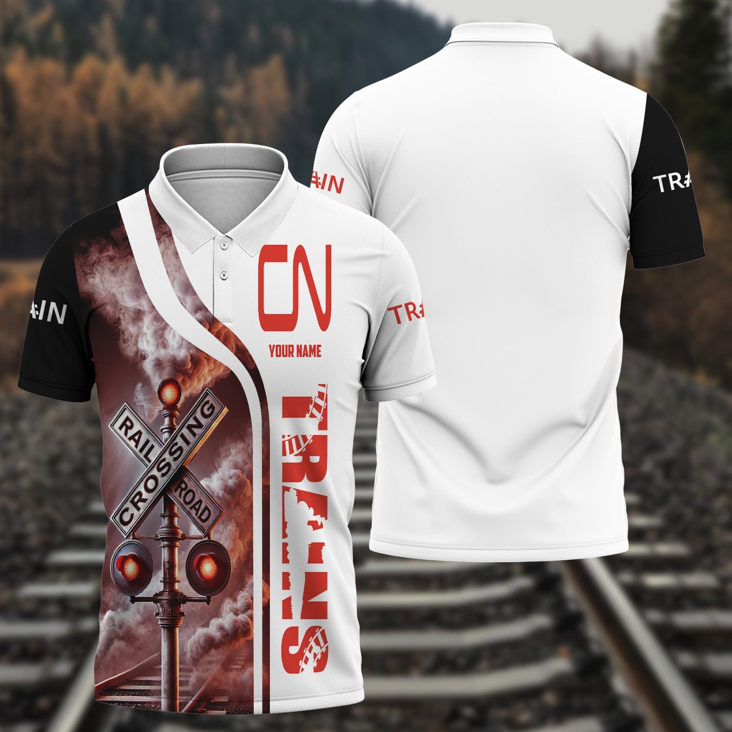 Railspirit Personalized Canadian National Railroad Polo Shirt Crossing Railroad Sign American Locomotive Train Shirt All Over Print