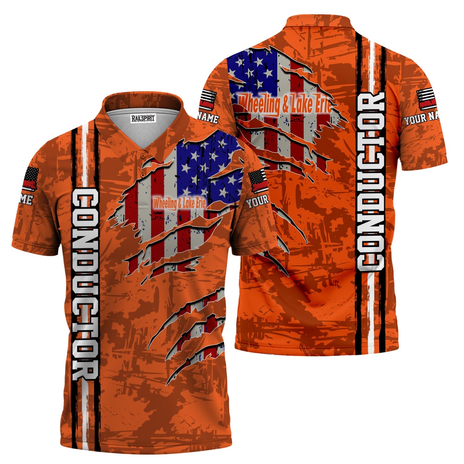 Railspirit Personalized Wheeling And Lake Erie Railroad Polo Shirt USA Flag Claw Art with Custom Job Train Shirt