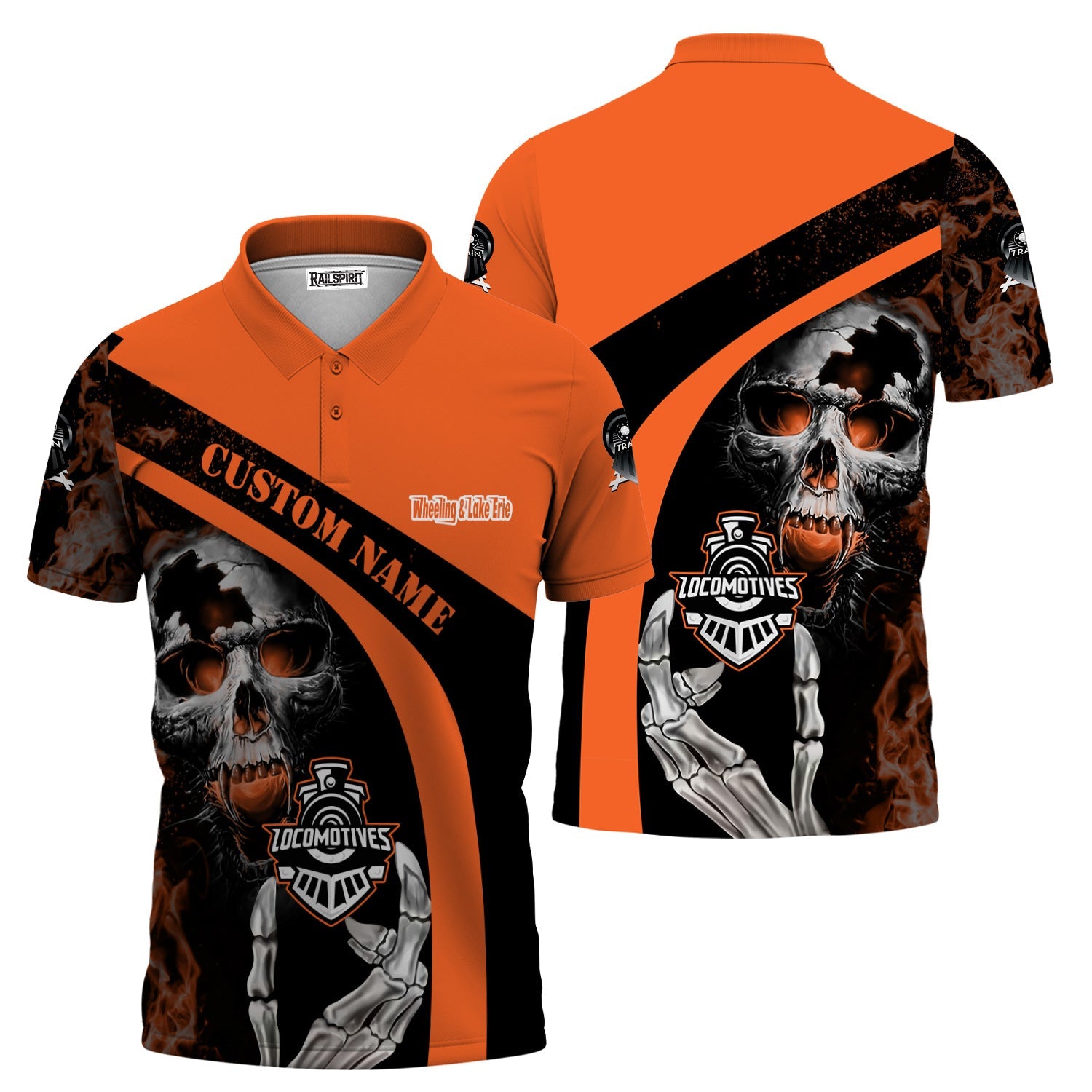 Railspirit Personalized Wheeling And Lake Erie Railroad Polo Shirt Flame Skull Design Train Shirt for Locomotive Fans