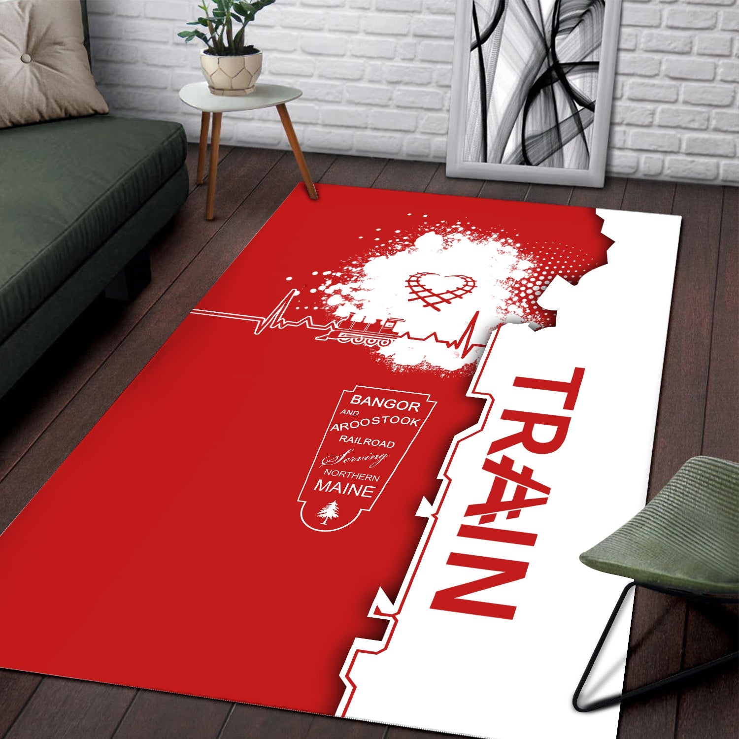 Railspirit Bangor And Aroostook Railroad Area Rug Engine Heartbeat and Track Love Style Rug Gift Idea For Train Lovers