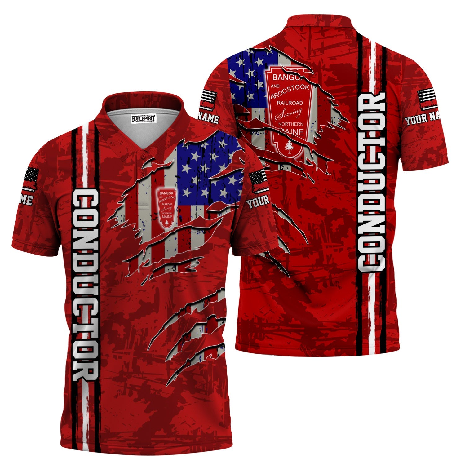 Railspirit Personalized Bangor And Aroostook Railroad Polo Shirt USA Flag Claw Art with Custom Job Train Shirt