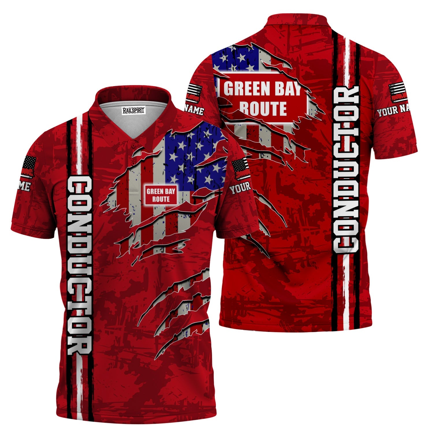 Railspirit Personalized Green Bay & Western Railroad Polo Shirt USA Flag Claw Art with Custom Job Train Shirt