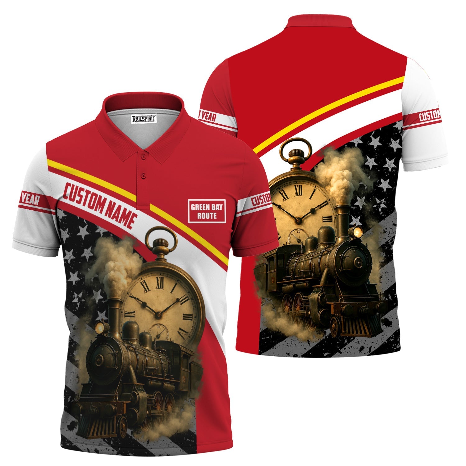 Railspirit Personalized Green Bay & Western Railroad Polo Shirt Classic Steam Engine With Retro Pocket Watch Shirt All Over Print