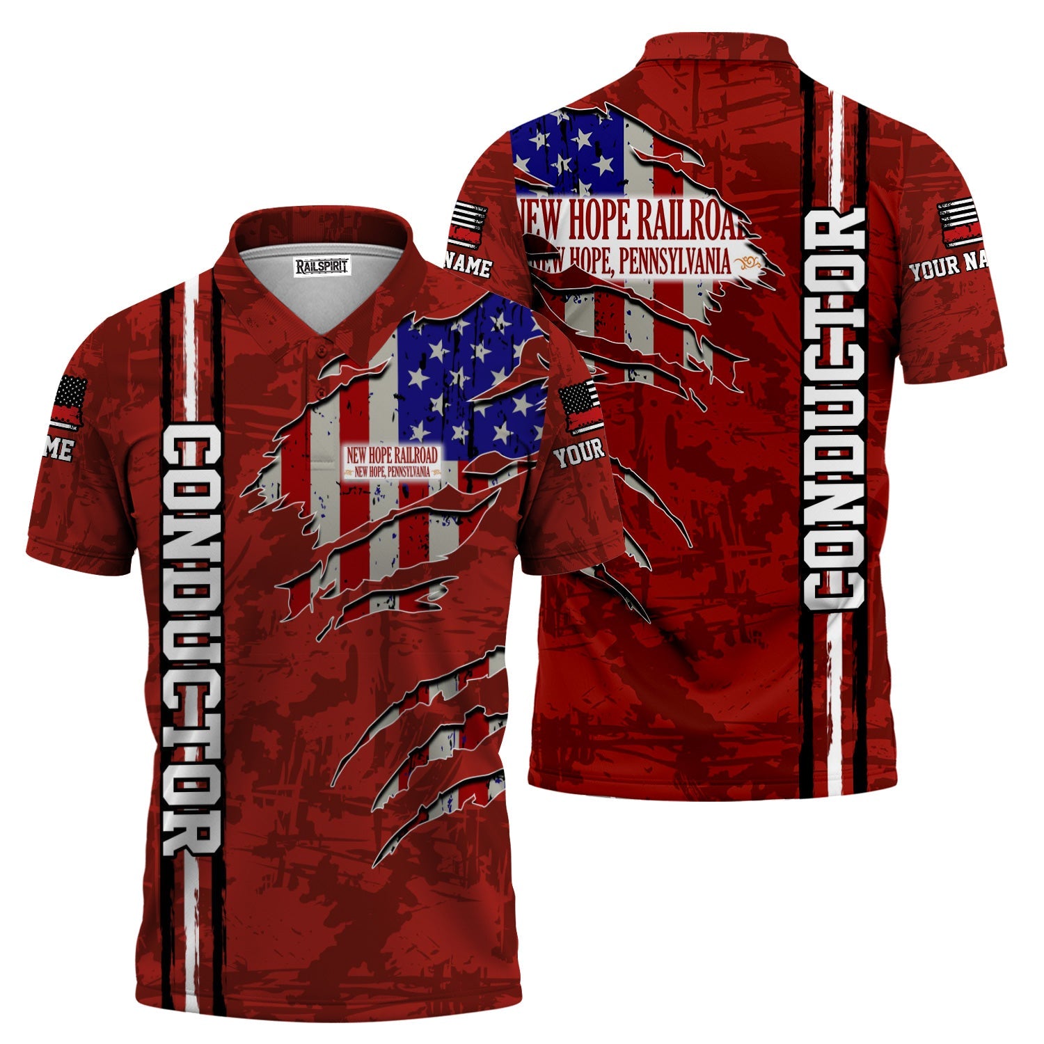 Railspirit Personalized New Hope Railroad Polo Shirt USA Flag Claw Art with Custom Job Train Shirt
