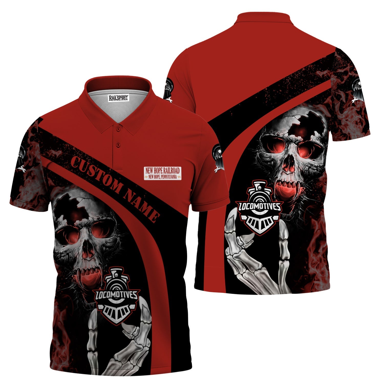 Railspirit Personalized New Hope Railroad Polo Shirt Flame Skull Design Train Shirt for Locomotive Fans