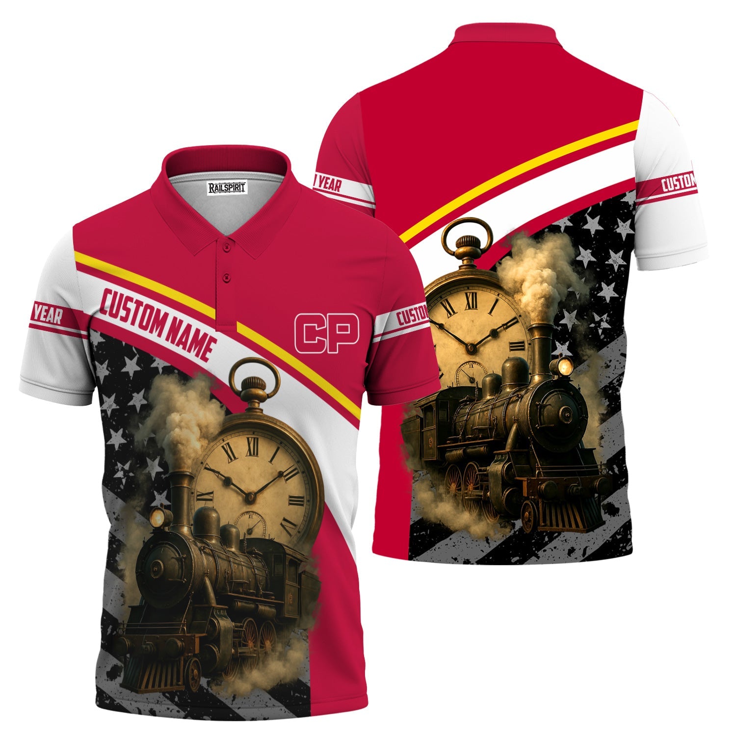 Railspirit Personalized Canadian Pacific Railroad Polo Shirt Classic Steam Engine With Retro Pocket Watch Shirt All Over Print
