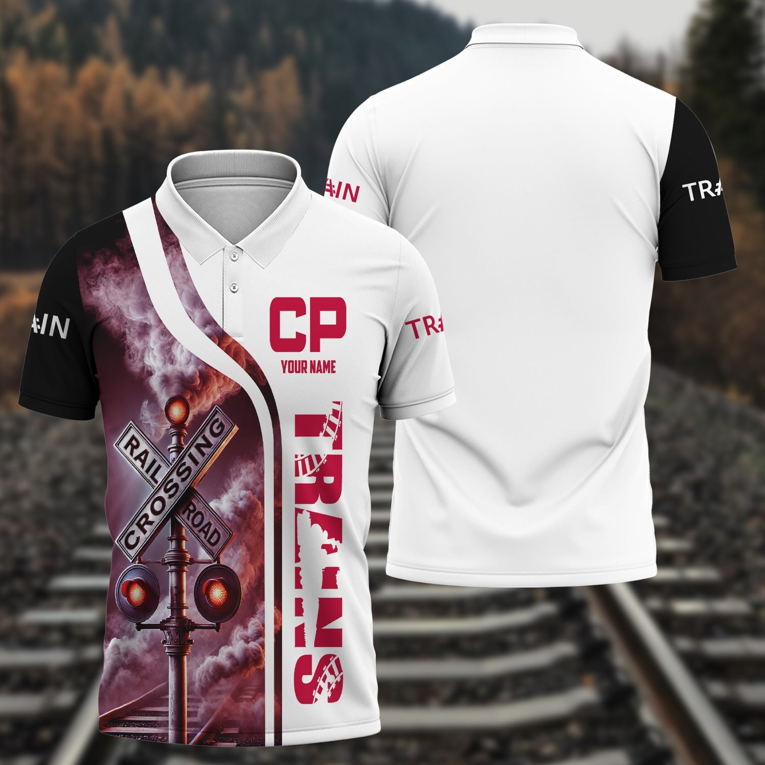 Railspirit Personalized Canadian Pacific Railroad Polo Shirt Crossing Railroad Sign American Locomotive Train Shirt All Over Print