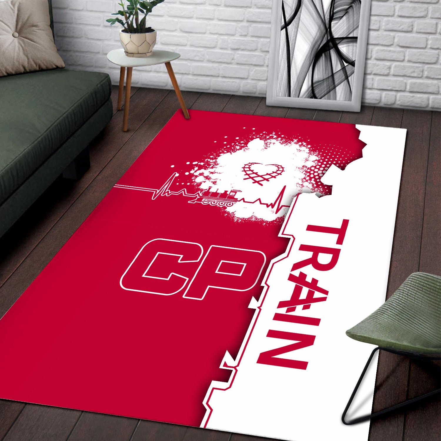 Railspirit Canadian Pacific Railroad Area Rug Engine Heartbeat and Track Love Style Rug Gift Idea For Train Lovers
