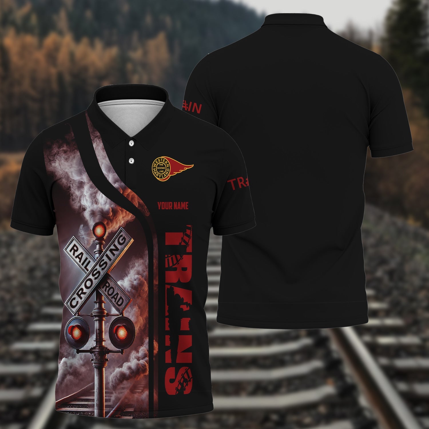 Railspirit Personalized Western Maryland Railway Polo Shirt Crossing Railroad Sign American Locomotive Train Shirt All Over Print