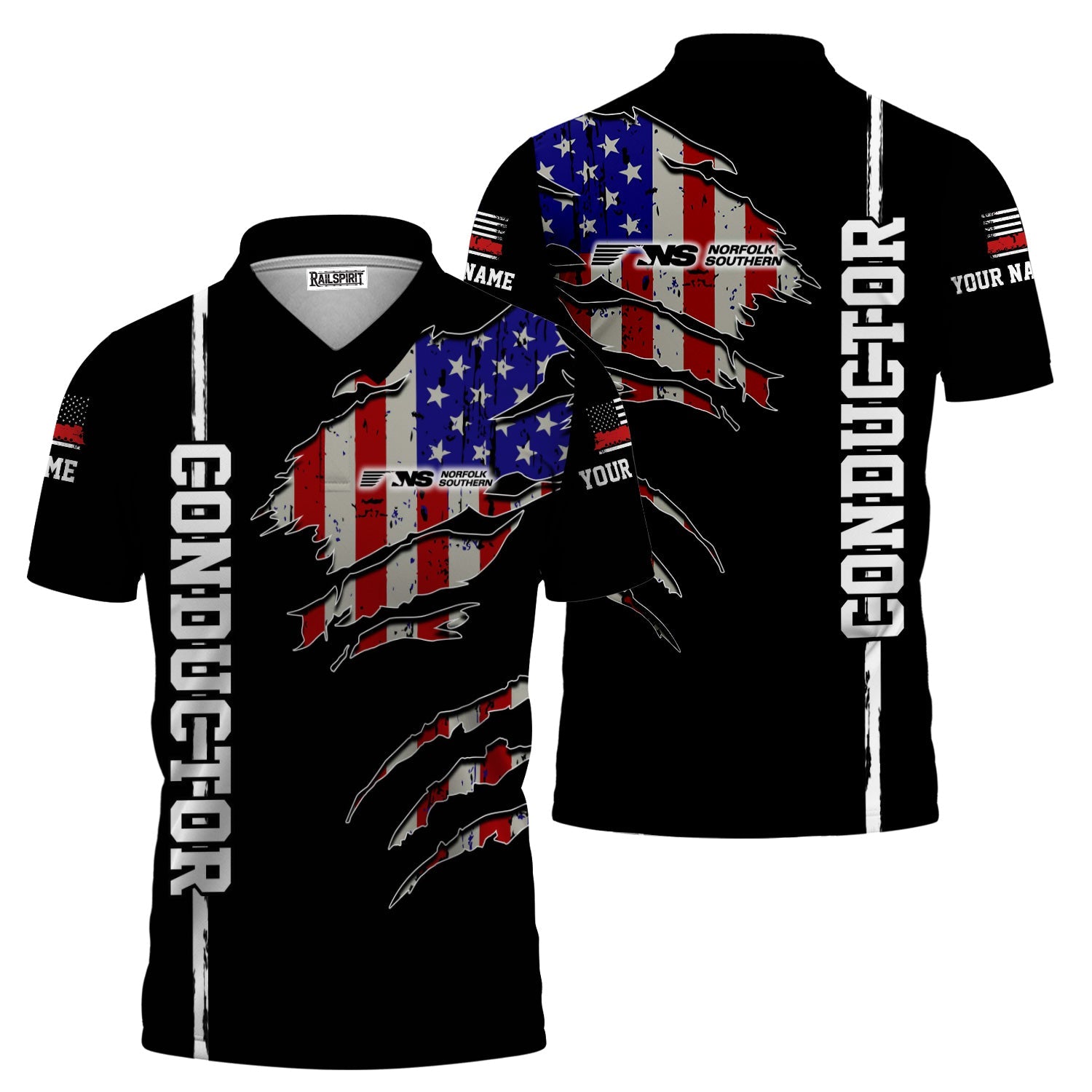 Railspirit Personalized Norfolk Southern Railway Polo Shirt USA Flag Claw Art with Custom Job Train Shirt