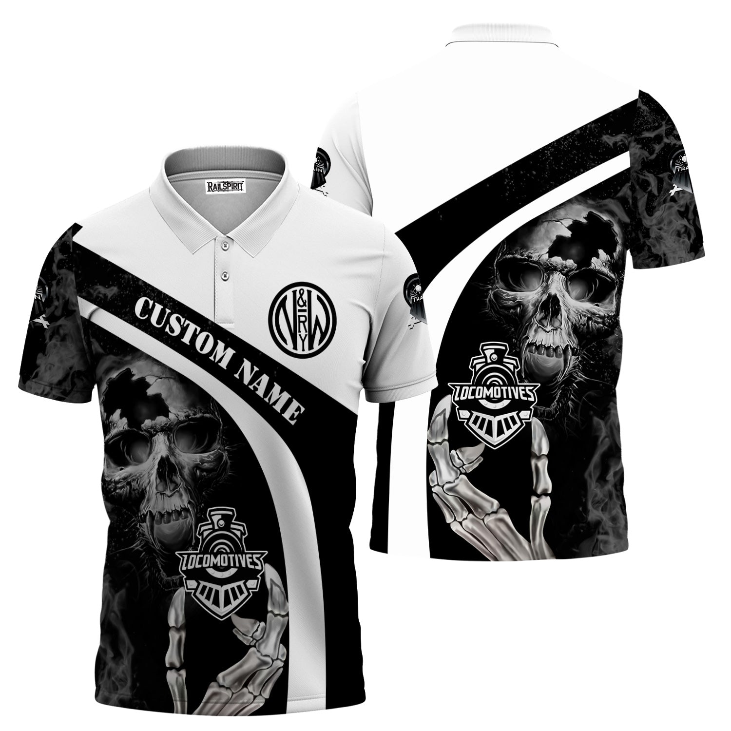 Railspirit Personalized Norfolk and Western Railway Polo Shirt Flame Skull Design N&W Train Shirt for Locomotive Fans