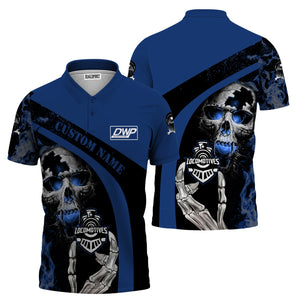 Railspirit Personalized Duluth, Winnipeg and Pacific Railway Polo Shirt Flame Skull Design Train Shirt for Locomotive Fans