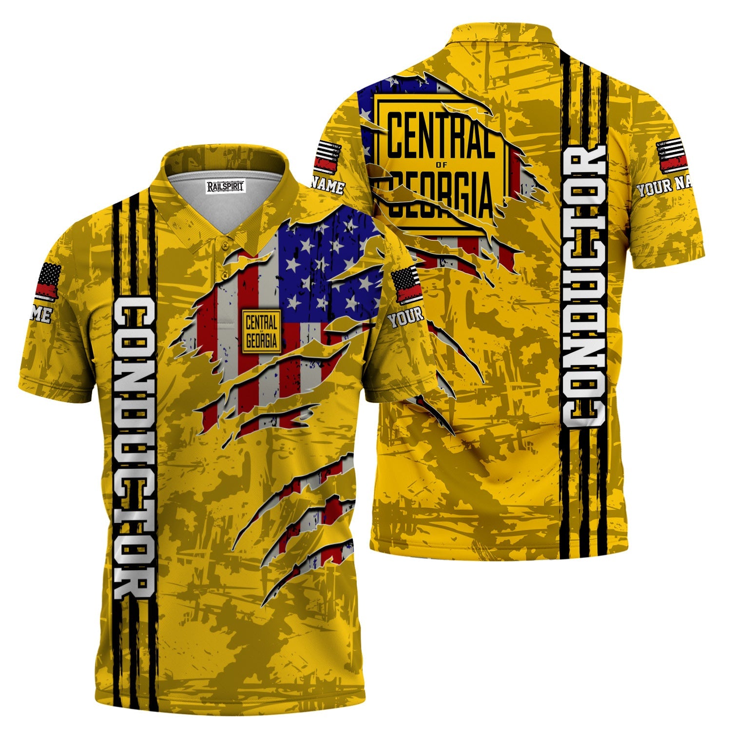 Railspirit Personalized Central of Georgia Railway Polo Shirt USA Flag Claw Art with Custom Job Train Shirt