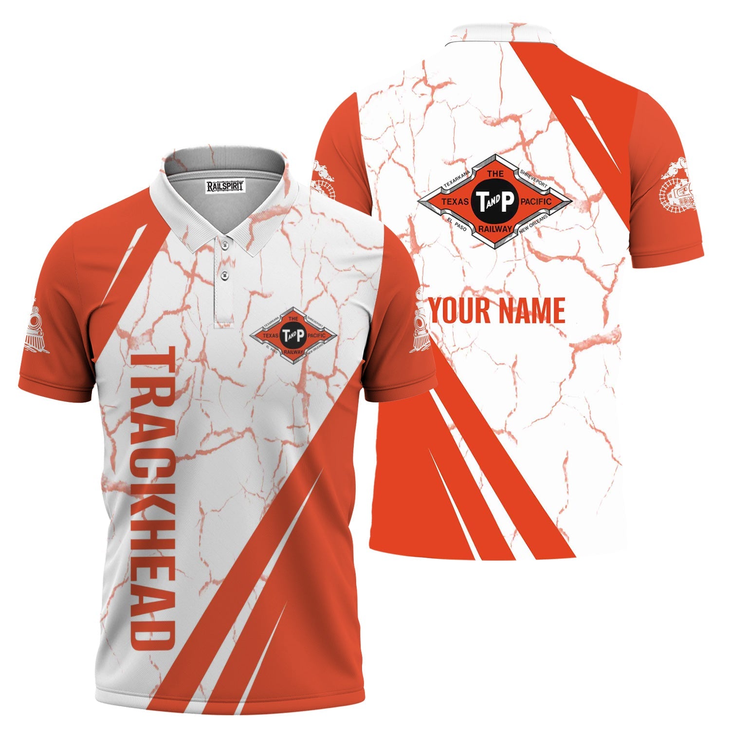 Railspirit Personalized Texas and Pacific Railway Polo Shirt Crackle Texture Style Train Shirt For Trackhead