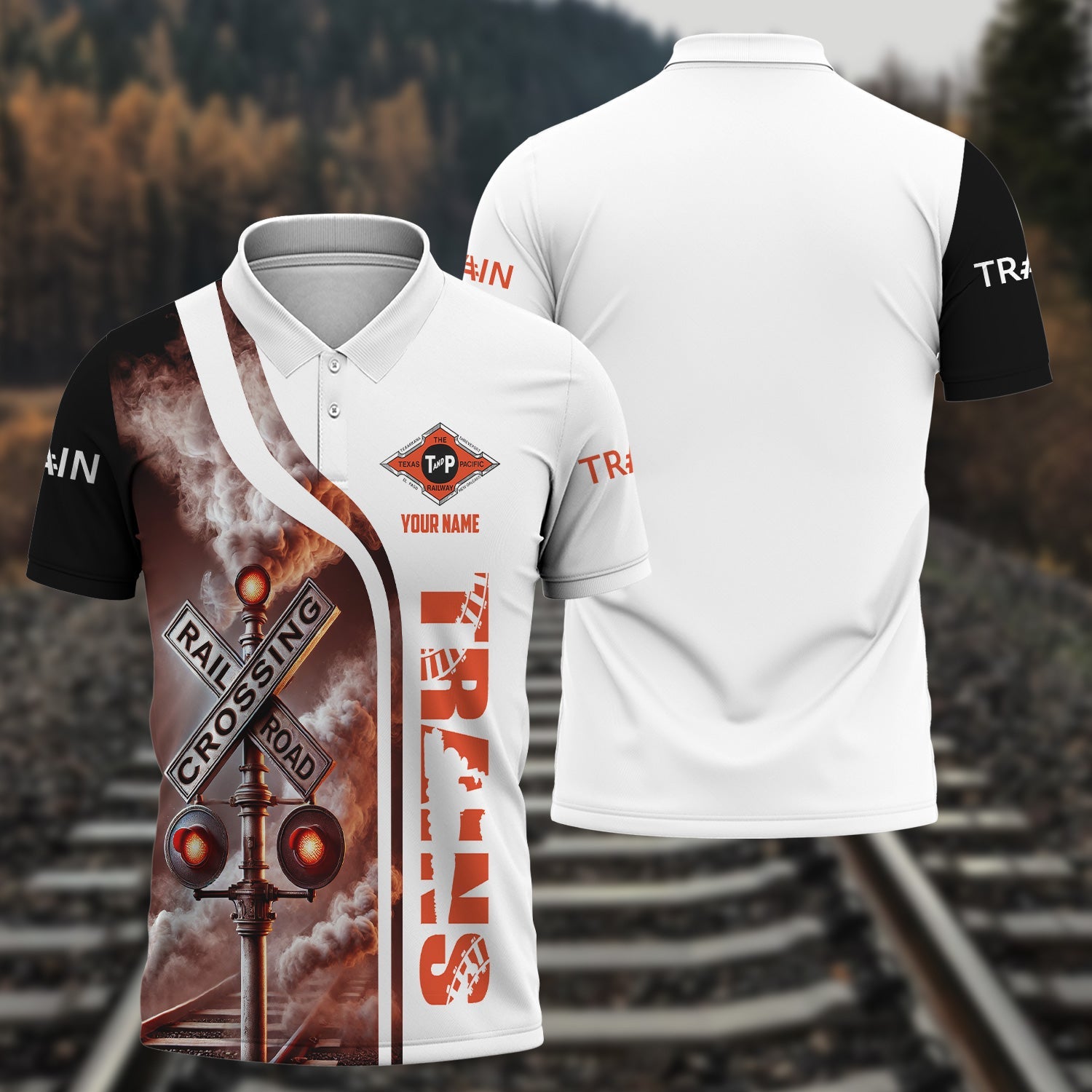 Railspirit Personalized Texas and Pacific Railway Polo Shirt Crossing Railroad Sign American Locomotive Train Shirt All Over Print