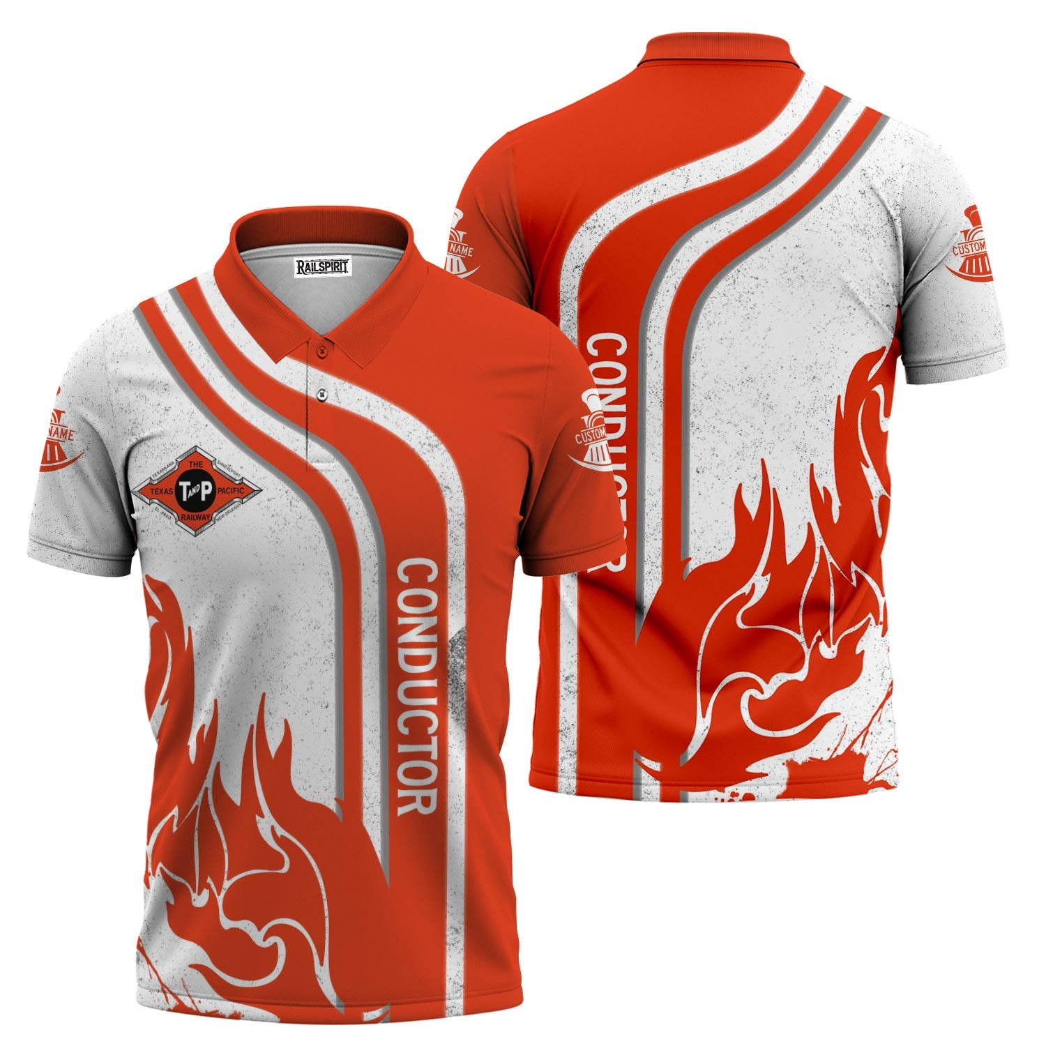 Railspirit Personalized Texas and Pacific Railway Polo Shirt Flame Design with Custom Job Position Train Shirt