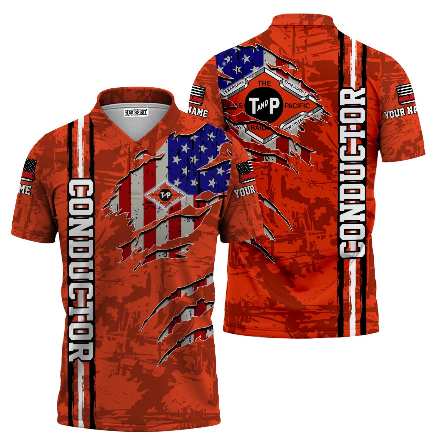 Railspirit Personalized Texas and Pacific Railway Polo Shirt USA Flag Claw Art with Custom Job Train Shirt