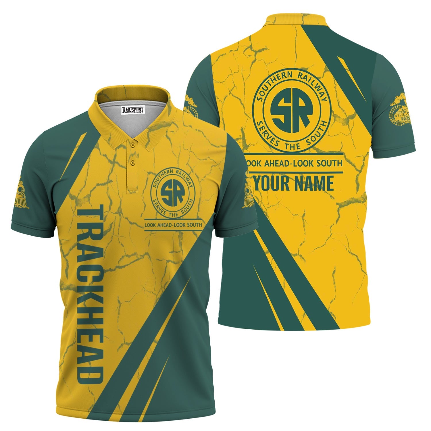 Railspirit Personalized Southern Railway U.S Polo Shirt Crackle Texture Style SOU Train Shirt For Trackhead