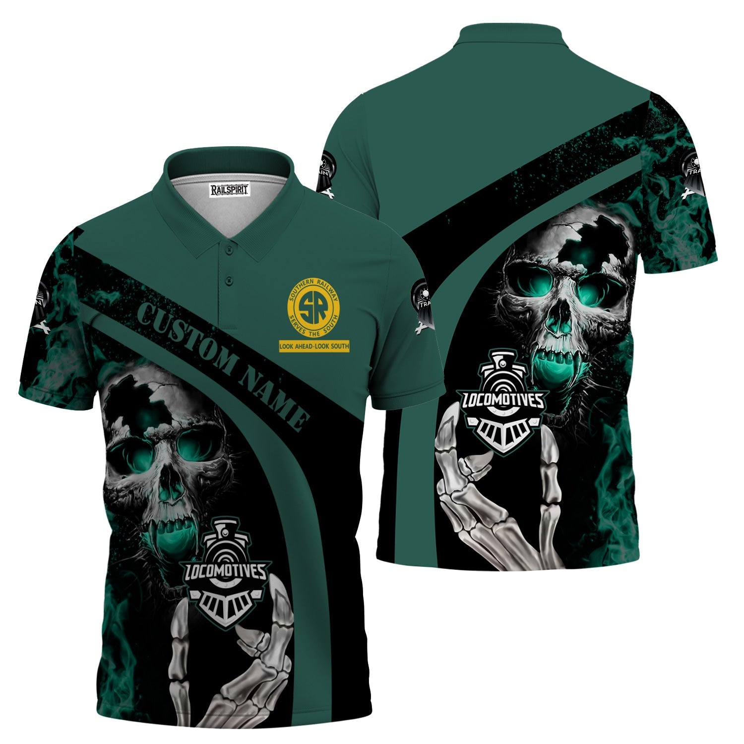 Railspirit Personalized Southern Railway U.S Polo Shirt Flame Skull Design SOU Train Shirt for Locomotive Fans
