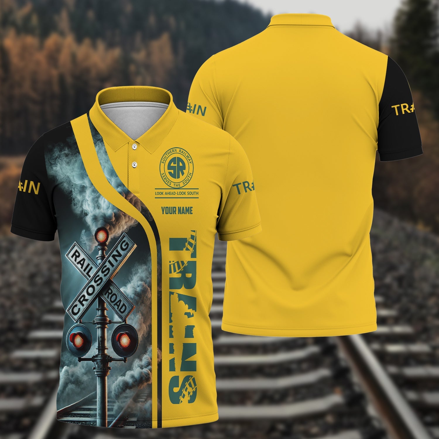 Railspirit Personalized Southern Railway U.S Polo Shirt Crossing Railroad Sign American Locomotive Train Shirt All Over Print