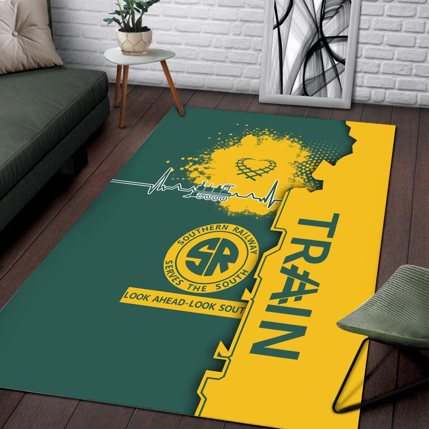 Railspirit Southern Railway U.S Area Rug Engine Heartbeat and Track Love Style SOU Rug Gift Idea For Train Lovers