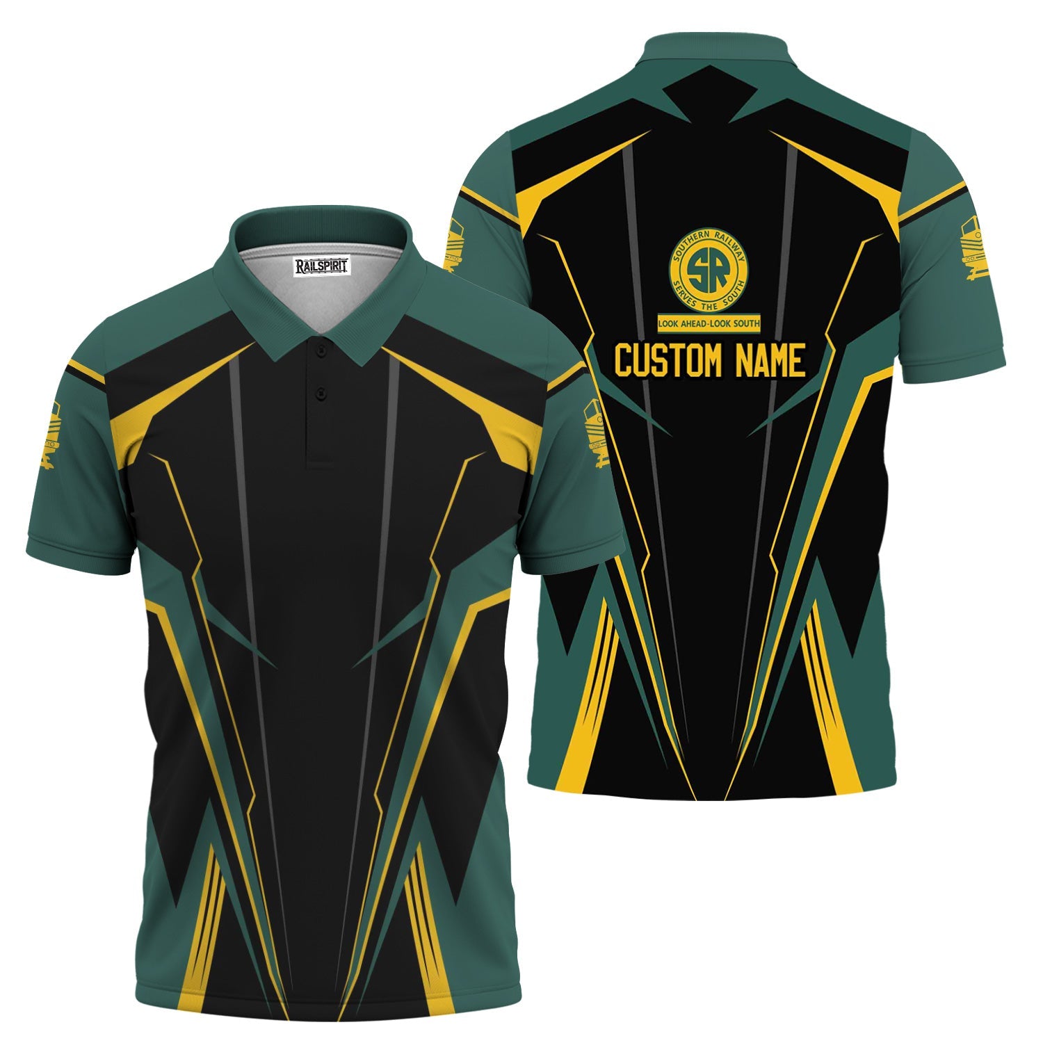 Railspirit Personalized Southern Railway U.S Polo Shirt Lightning-Edge Design SOU Train Shirt For Railroad Lovers